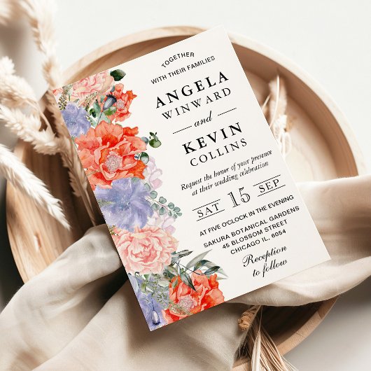 Waterverf Paarse en Oranje bloemen bruiloft Kaart