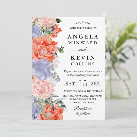 Waterverf Paarse en Oranje bloemen bruiloft Kaart