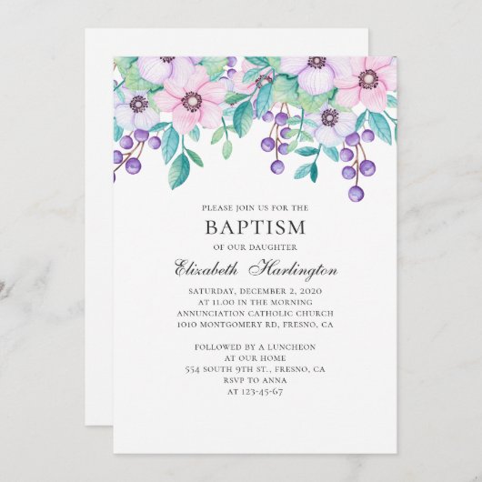 Waterverf paarse en roze bloemen. Bloemendoop Kaart (Voorkant / Achterkant)