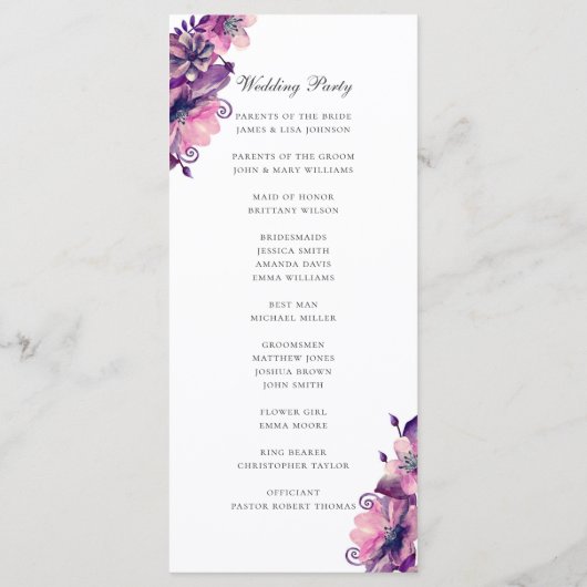 Waterverf paarse en roze bloemen. Floral bruiloft Programmakaart (Achterkant)