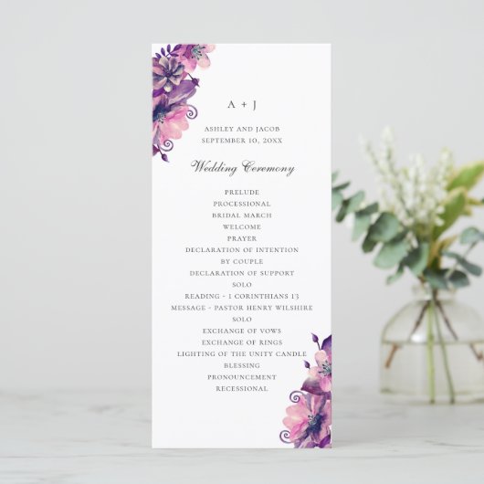 Waterverf paarse en roze bloemen. Floral bruiloft Programmakaart (Staand voorkant)