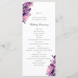 Waterverf paarse en roze bloemen. Floral bruiloft Programmakaart