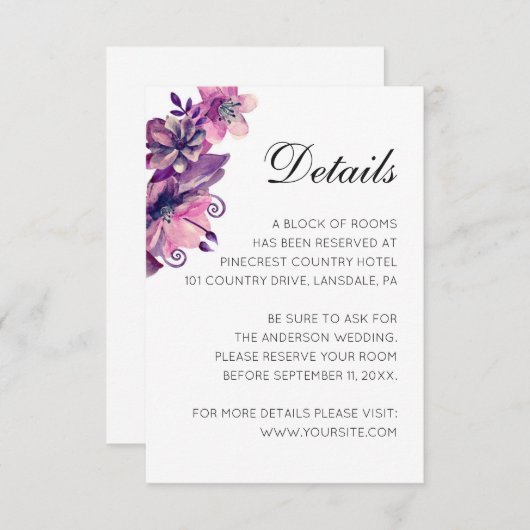 Waterverf paarse en roze bloemenbruiloft details informatiekaartje (Voorkant / Achterkant)