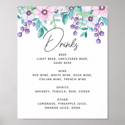Waterverf paarse en roze bloemenbruiloft drinken poster (Voorkant)