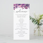 Waterverf paarse en roze bloemenscript bruiloft programmakaart (Staand voorkant)