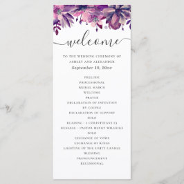 Waterverf paarse en roze bloemenscript bruiloft programmakaart