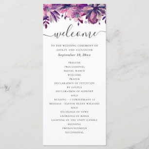 Waterverf paarse en roze bloemenscript bruiloft programmakaart