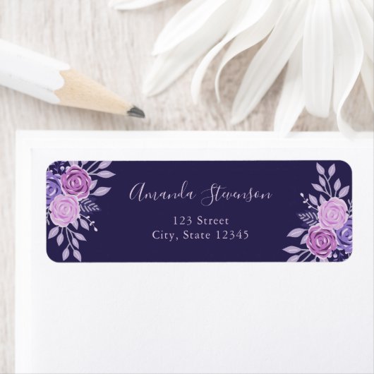 Waterverf paarse en roze bloemmotief etiket (Insitu)