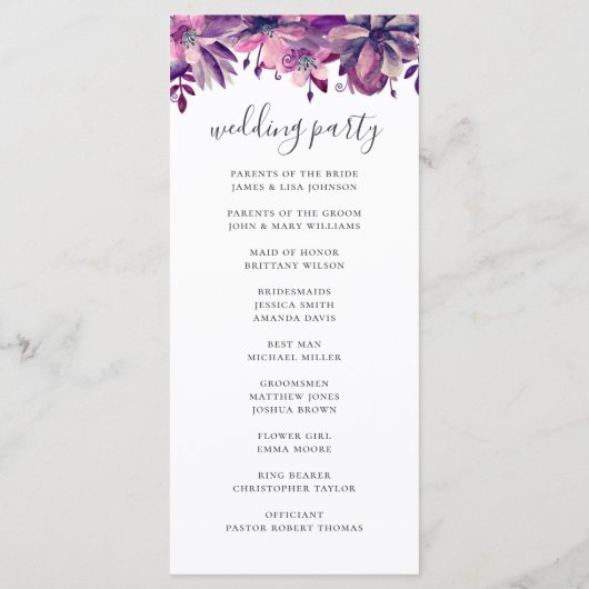 Waterverf paarse en roze florale bruiloft programmakaart (Achterkant)