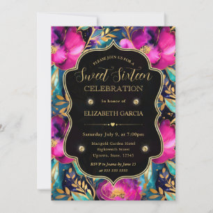 Waterverf Paarse en Turquoise Bloemen Sweet 16 Kaart