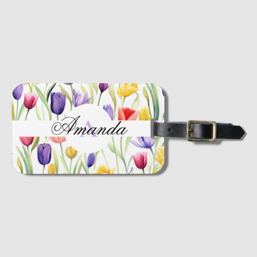 Waterverf Paarse en Witte Monogram Tulpenpatroon Bagagelabel (Voorkant (horizontaal))