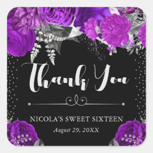 Waterverf Paarse en Zilveren Bloemen Sweet 16 Vierkante Sticker