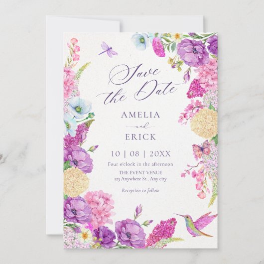 Waterverf paarse esthetische bloemstuk  save the date (Voorkant)