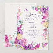 Waterverf paarse esthetische bloemstuk  save the date (Voorkant / Achterkant)