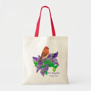 Waterverf Paarse Finch Bird Lila Flowers Tote Bag
