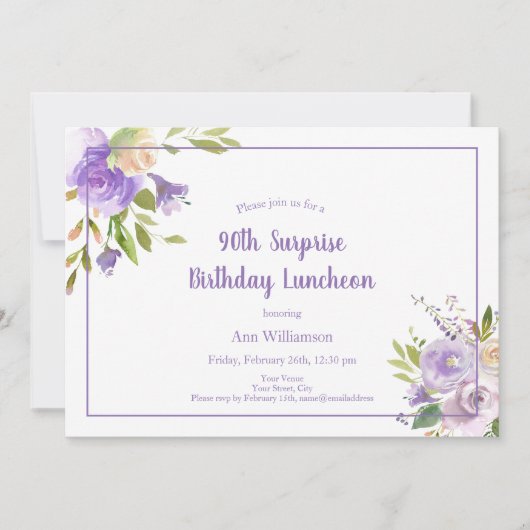 Waterverf Paarse Floral 90e verrassingsdag Kaart (Voorkant)