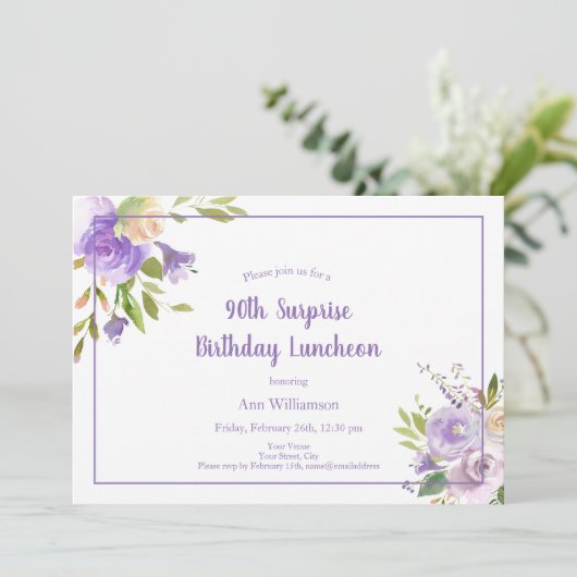 Waterverf Paarse Floral 90e verrassingsdag Kaart (Staand voorkant)