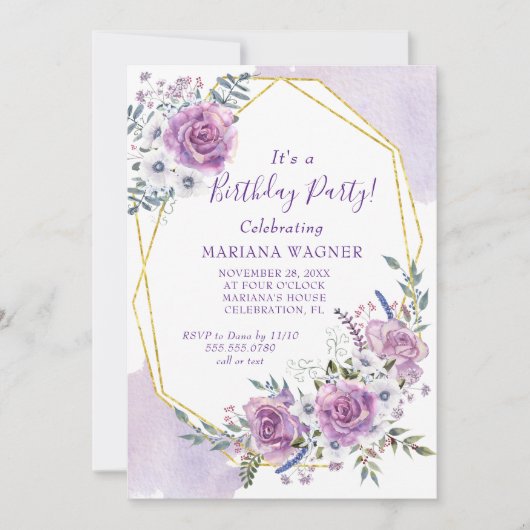Waterverf Paarse Floral Birthday Party Kaart (Voorkant)