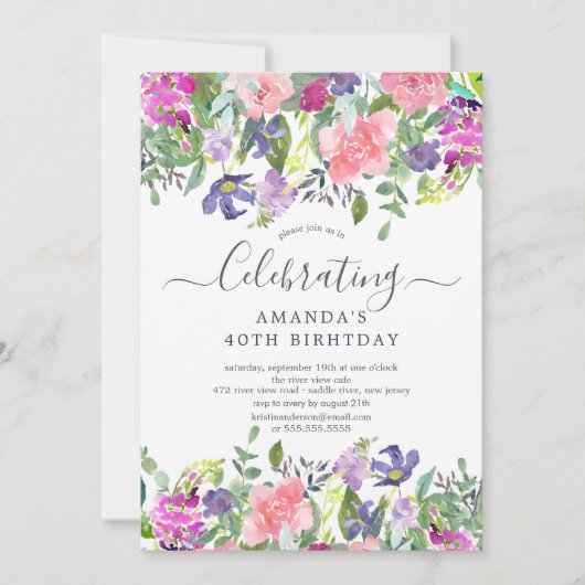 Waterverf Paarse Floral Birthday Party Kaart (Voorkant)