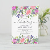 Waterverf Paarse Floral Birthday Party Kaart (Staand voorkant)