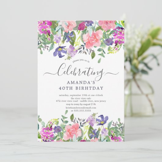 Waterverf Paarse Floral Birthday Party Kaart (Staand voorkant)