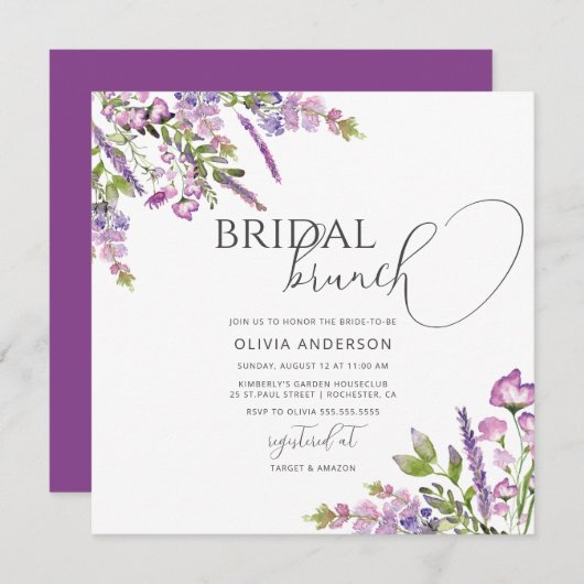 Waterverf Paarse Floral Bridal Brunch Uitnodiging (Voorkant / Achterkant)
