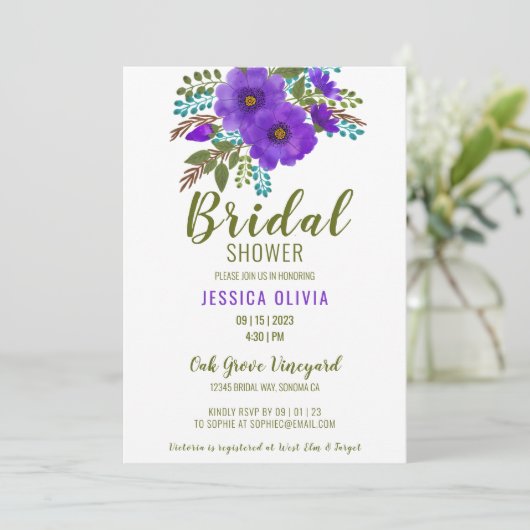 Waterverf Paarse Floral Bridal Shower Kaart (Staand voorkant)