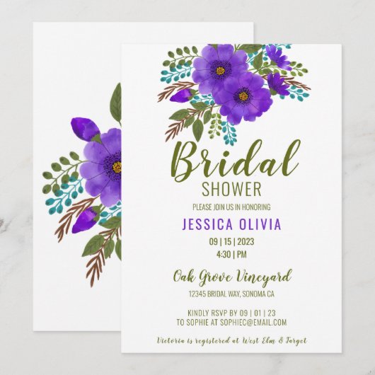 Waterverf Paarse Floral Bridal Shower Kaart (Voorkant / Achterkant)