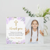 Waterverf Paarse Floral eerste communiqué Foto Bedankkaart (Staand voorkant)