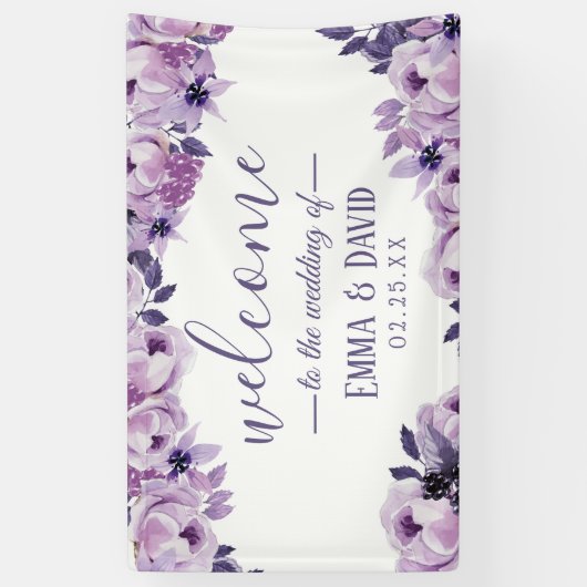 Waterverf Paarse Floral Elegant Wedding Party Spandoek (Verticaal)