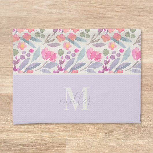 Waterverf Paarse Floral Familie Naam Monogram Theedoek