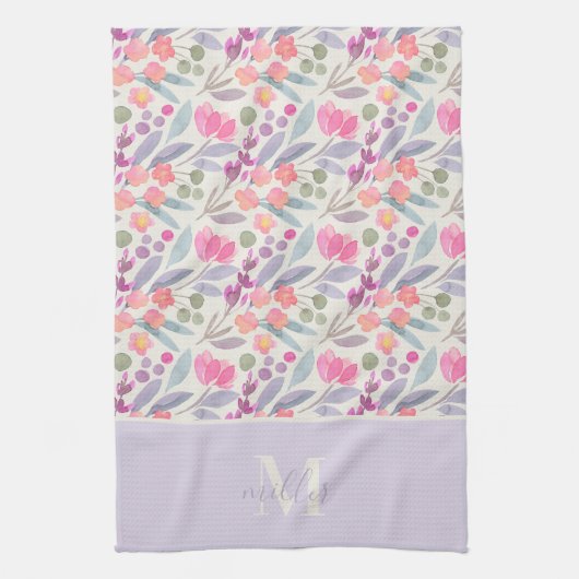 Waterverf Paarse Floral Familie Naam Monogram Theedoek (Verticaal)