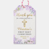 Waterverf Paarse Floral Gold First Heilige Communi Cadeaulabel (Voorkant)