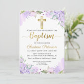 Waterverf Paarse Floral Gold Script Girl Baptisme Kaart (Staand voorkant)