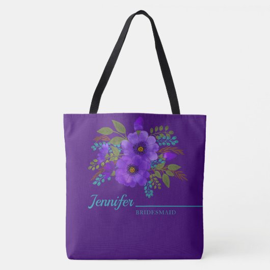 Waterverf Paarse Floral Monogrammed Canvas tas (Voorkant)