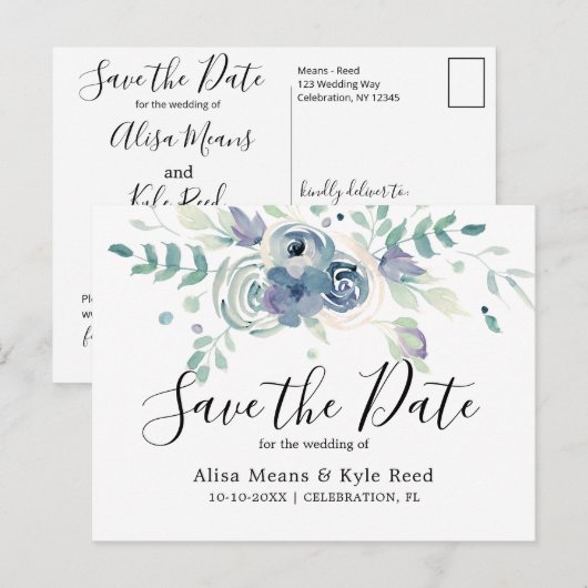 Waterverf Paarse Floral sla de datum op Aankondigingskaart (Voorkant / Achterkant)