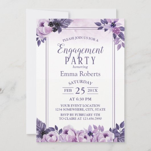 Waterverf Paarse Floral Weddenschap Kaart (Voorkant)