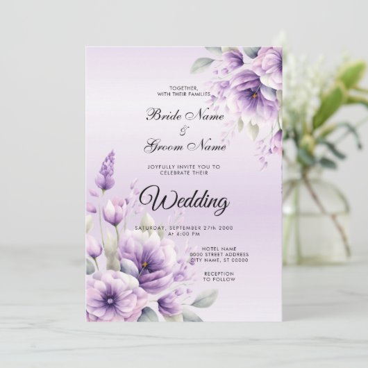 Waterverf Paarse Floral Weddenschap Kaart (Staand voorkant)