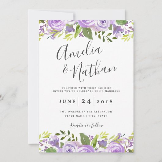 Waterverf Paarse Floral Weddenschap Kaart (Voorkant)