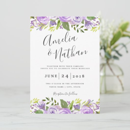 Waterverf Paarse Floral Weddenschap Kaart (Staand voorkant)