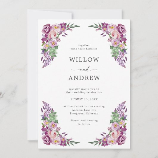 Waterverf Paarse Floral Wedding Kaart (Voorkant)