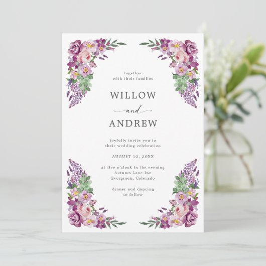 Waterverf Paarse Floral Wedding Kaart (Staand voorkant)