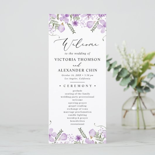 Waterverf Paarse Floral Wedding Programmakaart (Staand voorkant)