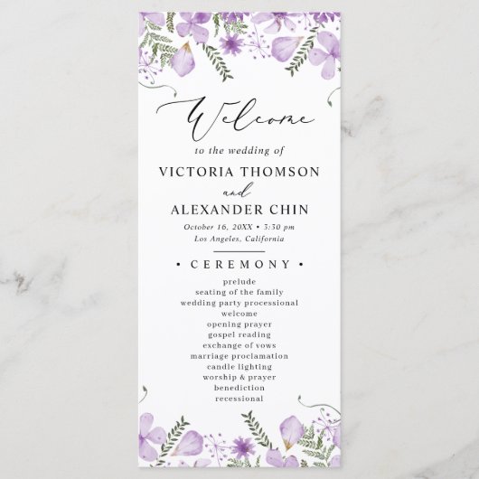 Waterverf Paarse Floral Wedding Programmakaart (Voorkant)