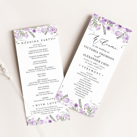 Waterverf Paarse Floral Wedding Programmakaart