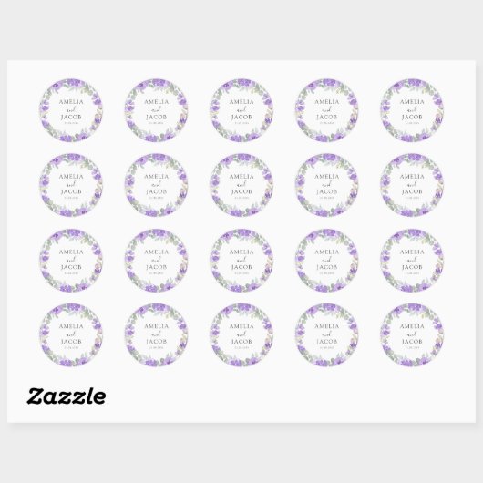 Waterverf Paarse Floral Wedding Ronde Sticker (Vel)