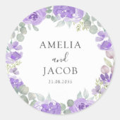 Waterverf Paarse Floral Wedding Ronde Sticker (Voorkant)