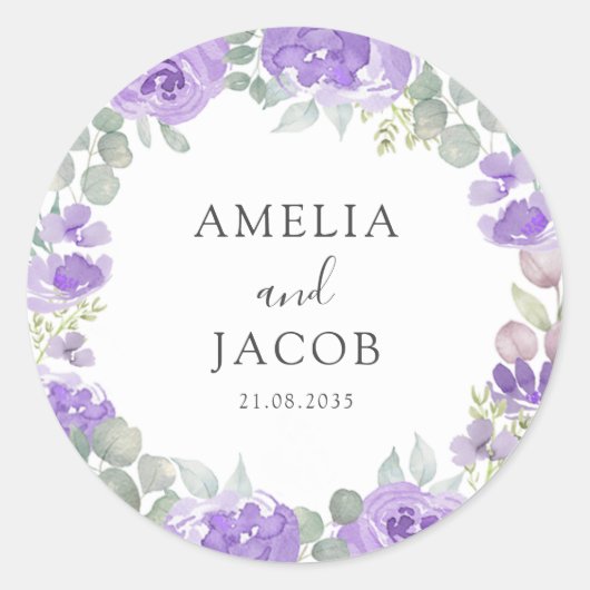 Waterverf Paarse Floral Wedding Ronde Sticker (Voorkant)