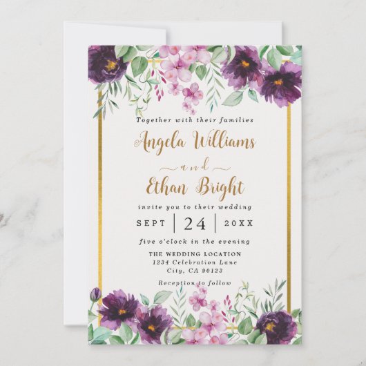 Waterverf Paarse Florals Weddenschap Save The Date (Voorkant)