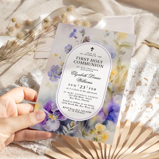 Waterverf Paarse & Gele Eerste Heilige Communie Kaart